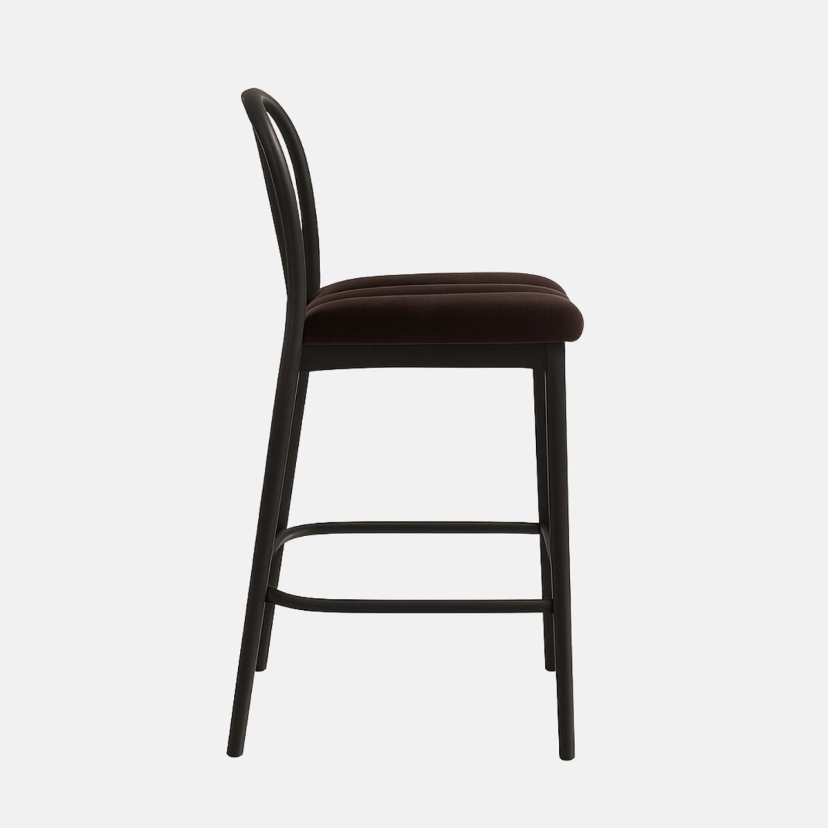 Modern bar stool with black slatted backrest, brown cushioned seat with stitched detail, and slim black wooden legs with metal footrest bar.