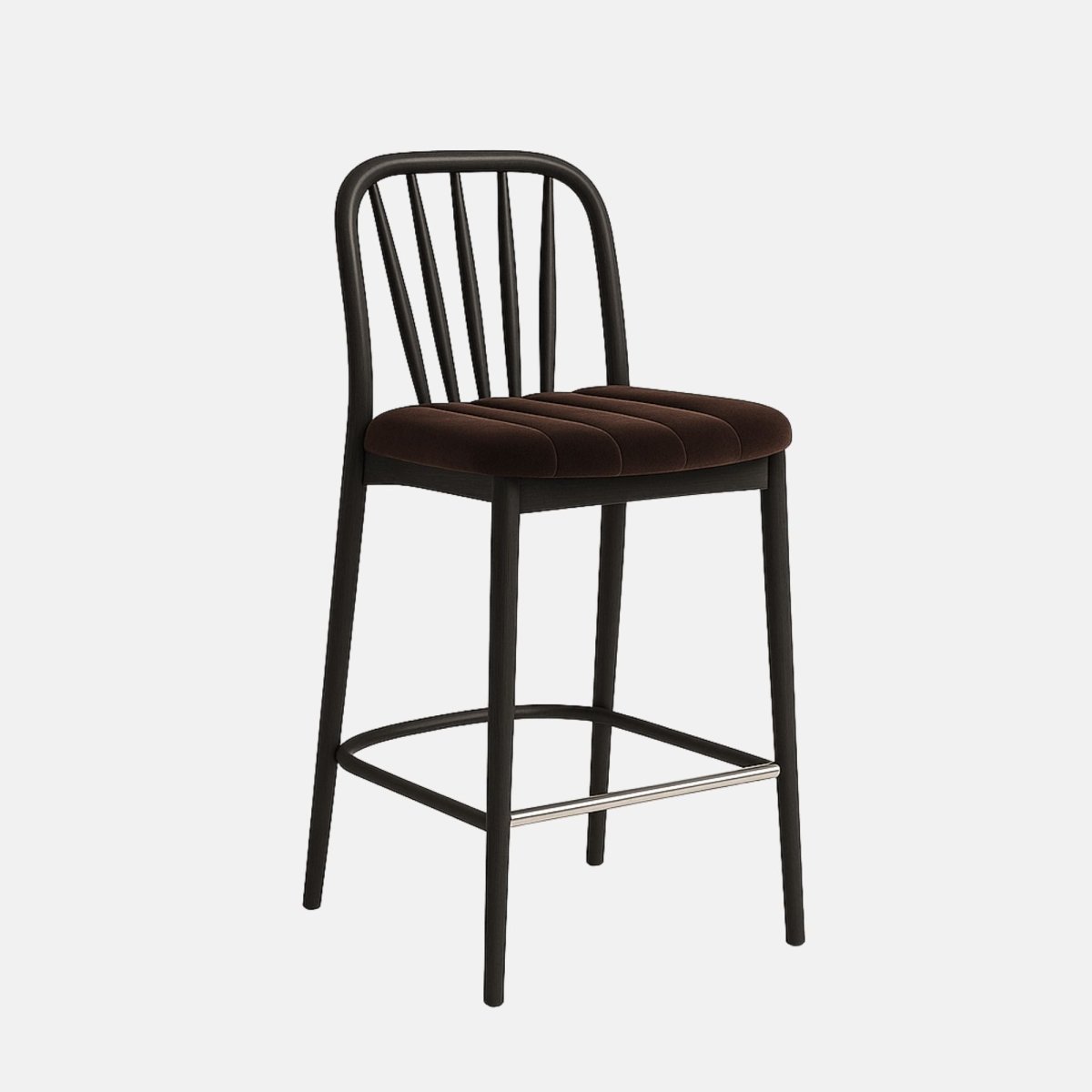 Modern bar stool with black slatted backrest, brown cushioned seat with stitched detail, and slim black wooden legs with metal footrest bar.