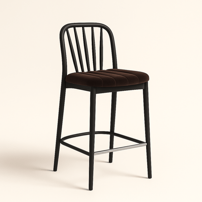 A modern bar stool featuring a matte black wooden frame with gently curved backrest slats, a sturdy metal footrest, and a plush dark chocolate brown velvet seat with vertical stripe stitching. The design combines elegance and comfort, suitable for contemporary kitchens or bars.
