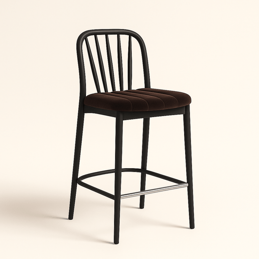 A modern bar stool featuring a matte black wooden frame with gently curved backrest slats, a sturdy metal footrest, and a plush dark chocolate brown velvet seat with vertical stripe stitching. The design combines elegance and comfort, suitable for contemporary kitchens or bars.