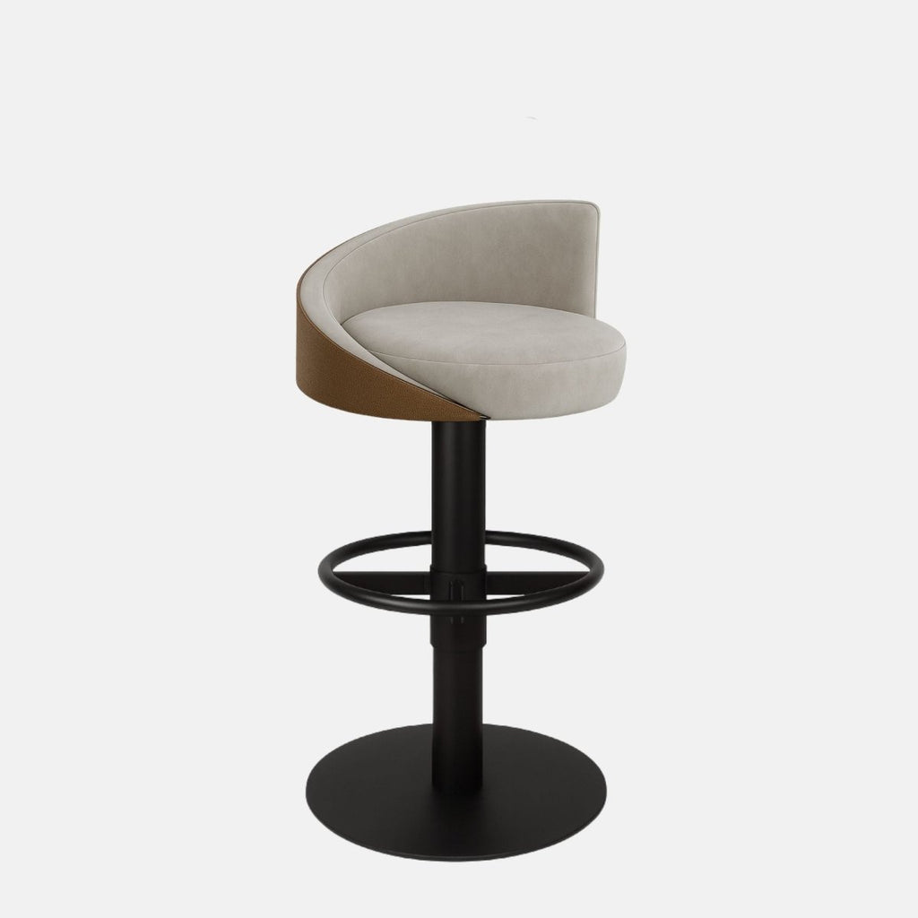 Two-tone Velvet 360° swivel bar stool with curved backrest in beige and brown, featuring a black powder-coated metal base — bespoke luxury counter stool design.