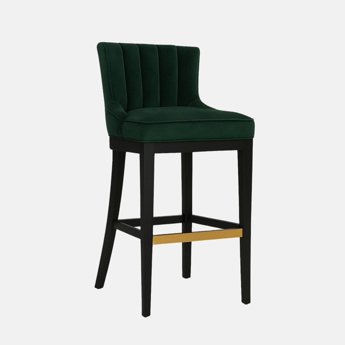 Luxury bar stool with deep green upholstered channel-tufted backrest, plush cushioned seat, black wooden frame, and gold footrest accent.