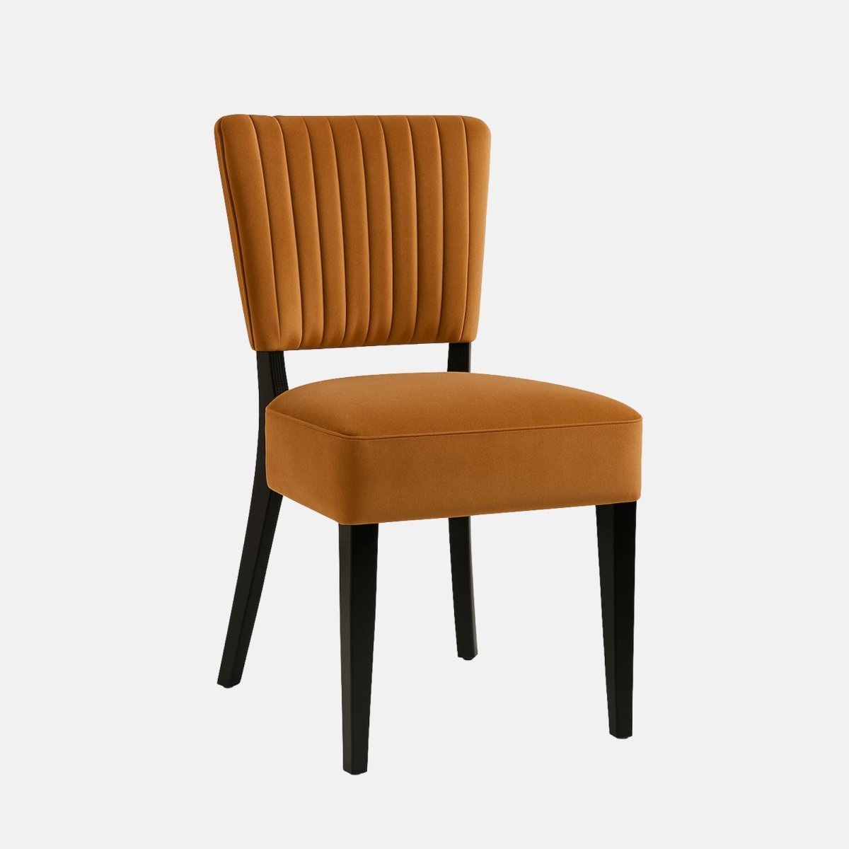 Modern dining chair upholstered in burnt orange velvet with vertical channel-tufted backrest and black wooden legs – handmade contemporary seating