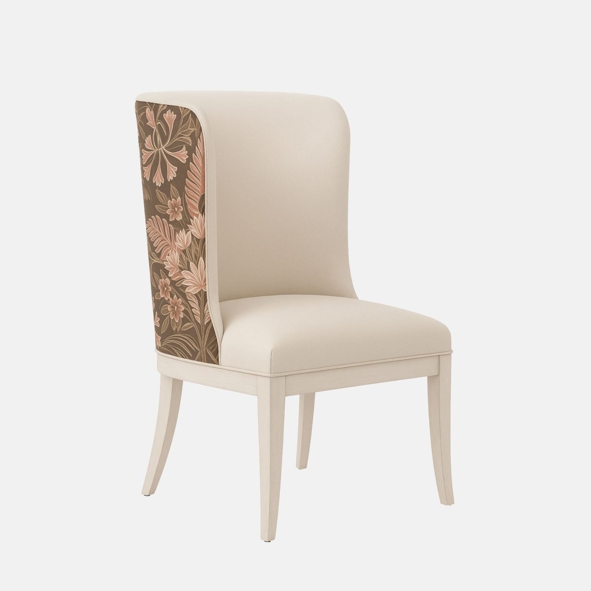Upholstered dining chair in soft cream fabric with a gently curved backrest and cushioned seat, featuring a floral-patterned fabric panel on the outer back and light wooden legs, shown on a white background.
