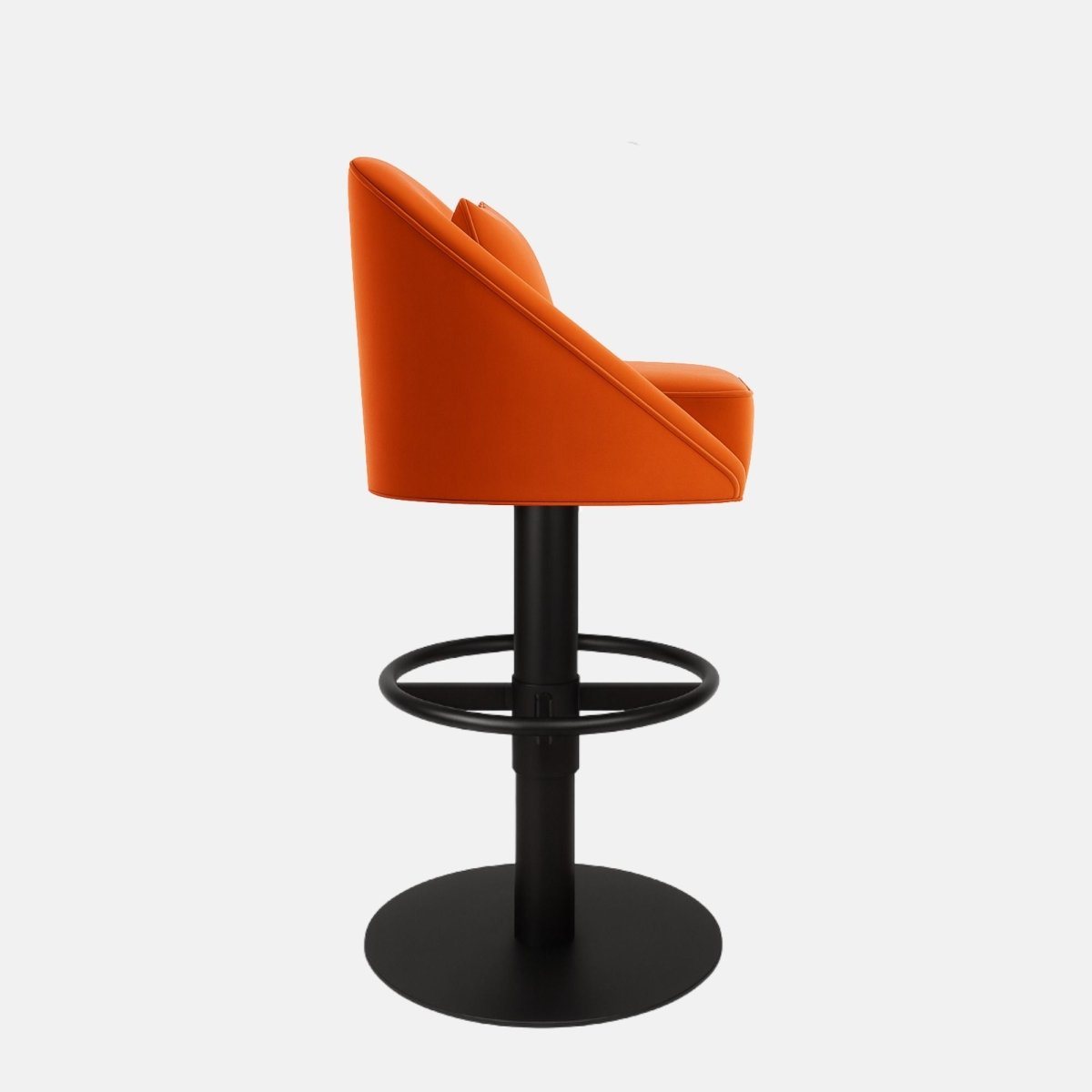 Bright orange upholstered bar stool with a curved backrest, matching cushion, black circular footrest, and round black metal base on a white background.