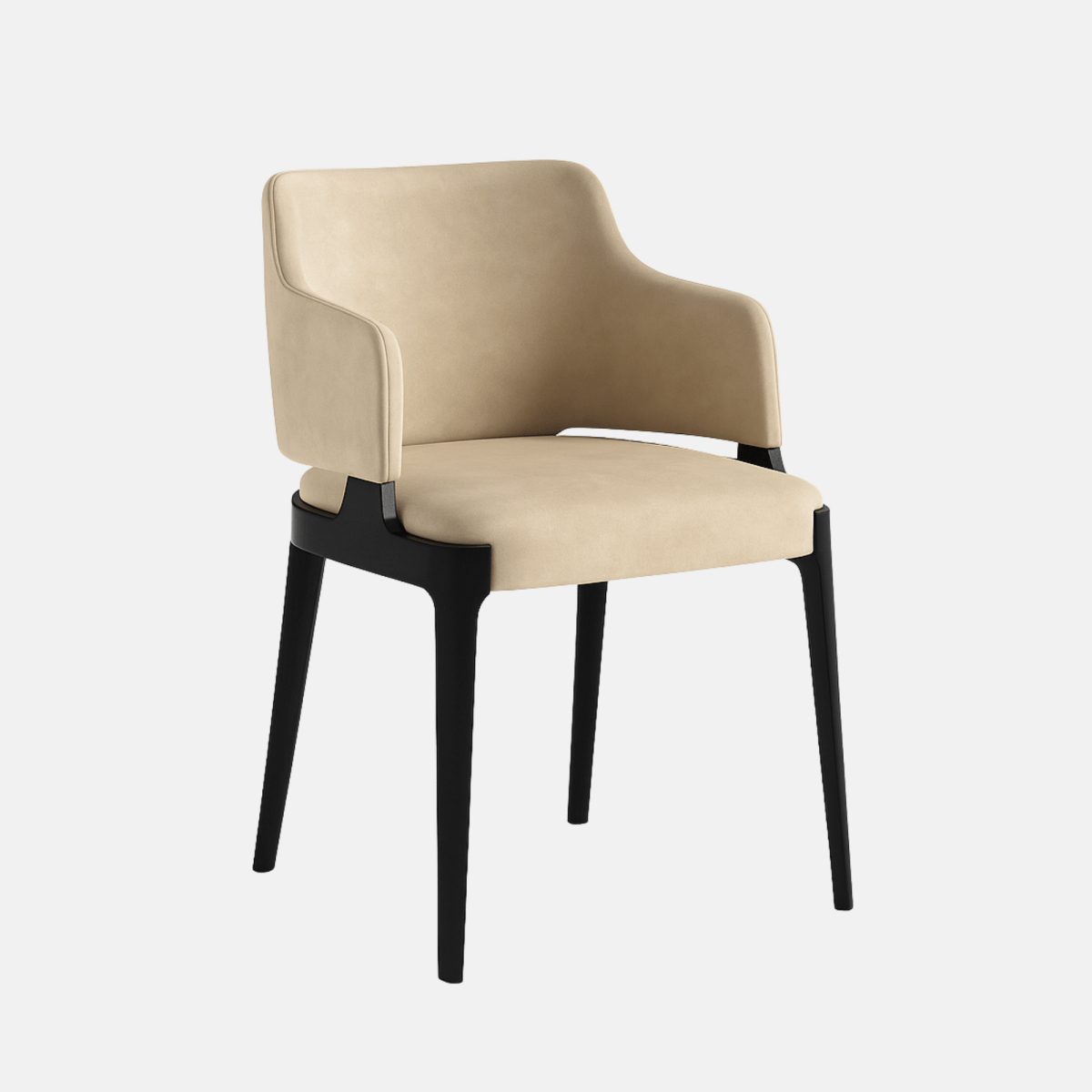A modern upholstered dining chair with soft beige velvet fabric, a curved backrest, and integrated armrests, supported by sleek black wooden legs