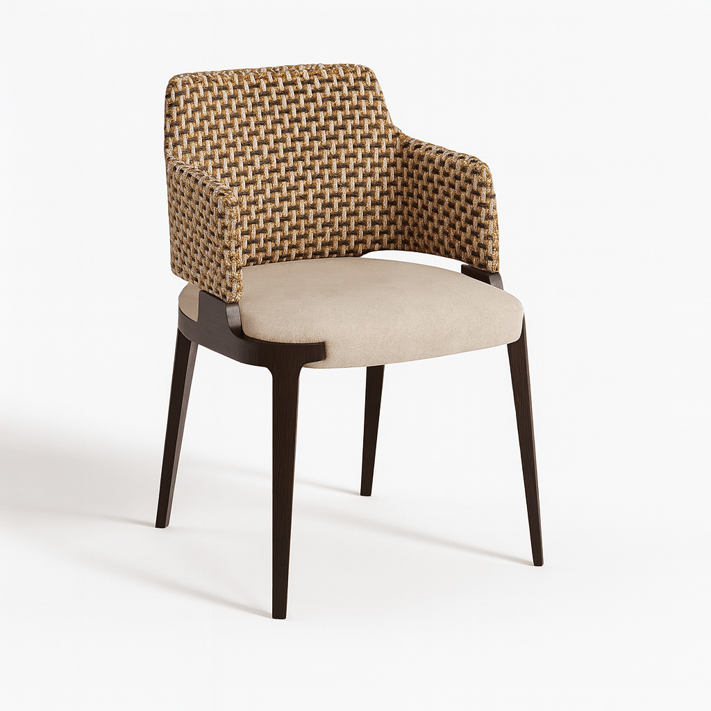 Modern dining chair with dark wooden legs, beige upholstered seat, and a textured woven backrest in brown and gold tones.