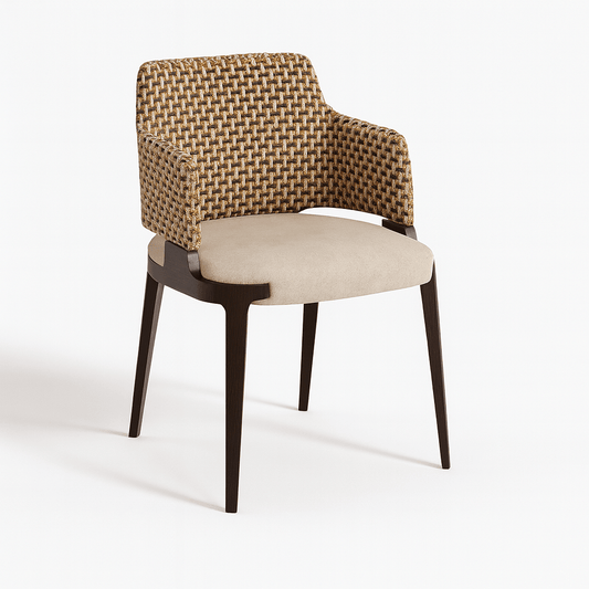 Modern dining chair with dark wooden legs, beige upholstered seat, and a textured woven backrest in brown and gold tones.