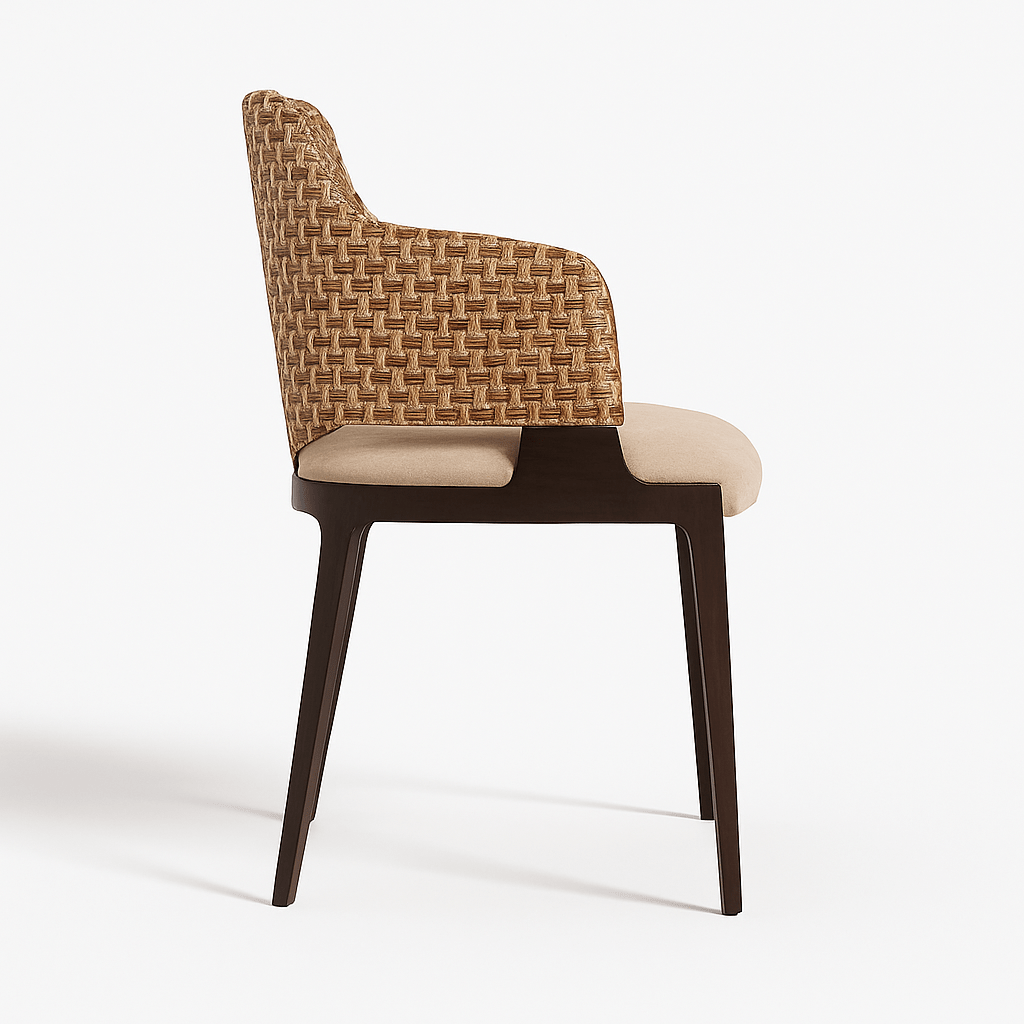 Modern dining chair with dark wooden legs, beige upholstered seat, and a textured woven backrest in brown and gold tones.