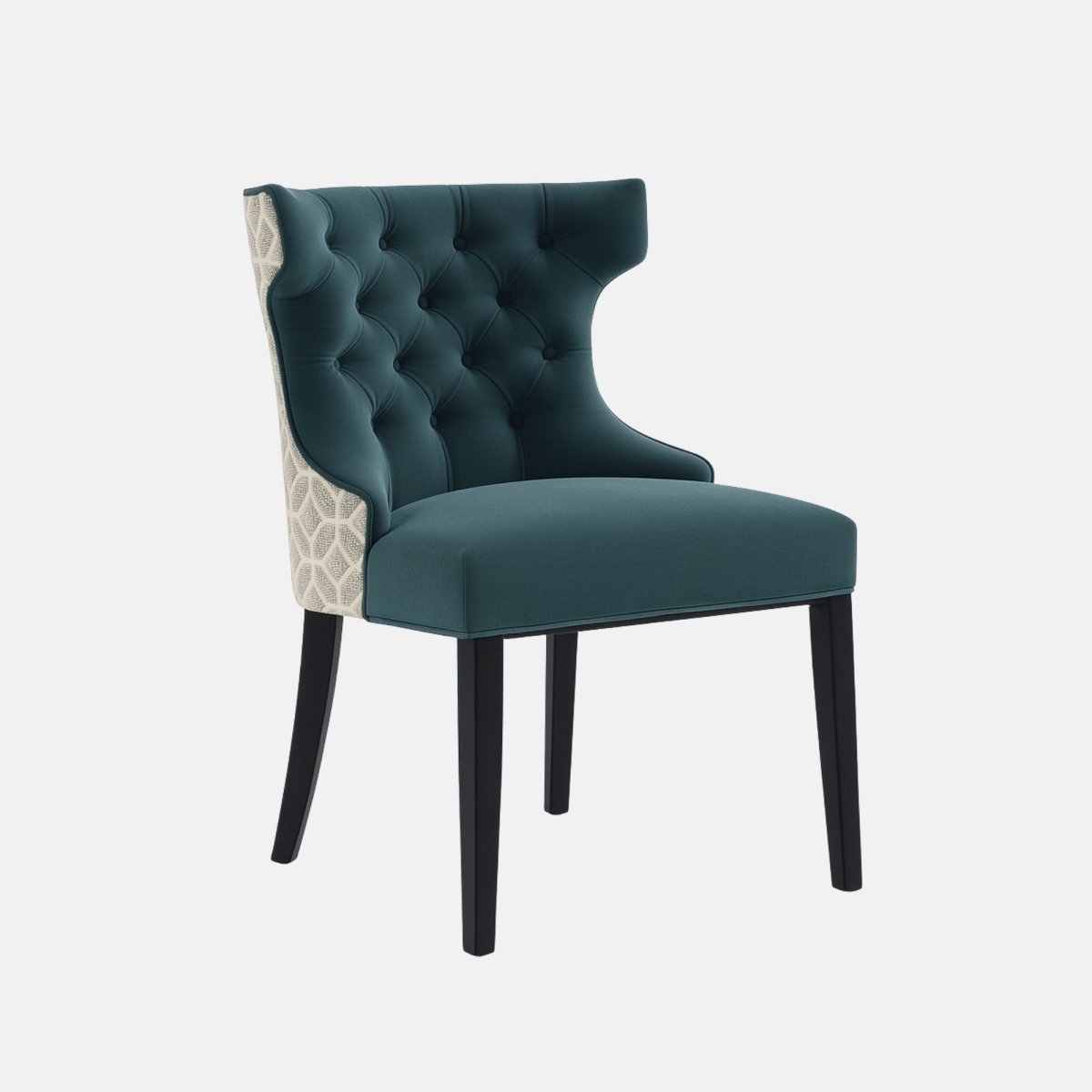 A modern accent chair with deep teal tufted upholstery on the seat and inner backrest, paired with a lighter geometric patterned fabric on the outer backrest. The chair has sleek black wooden legs, combining classic and contemporary design elements.