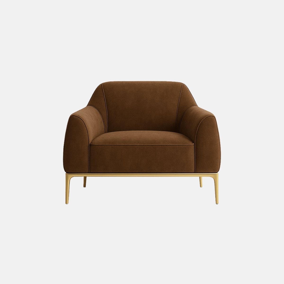 Contemporary armchair upholstered in rich brown fabric with smooth, rounded armrests and clean lines. It features slim gold metal legs that add an elegant, modern touch.