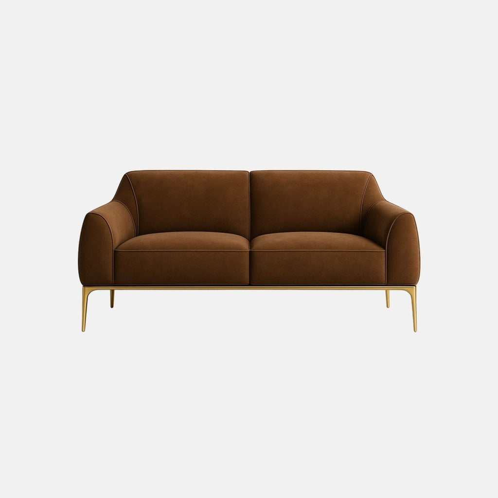 Modern two-seater sofa upholstered in rich brown fabric with smooth, rounded armrests and clean lines. The sofa is supported by slim gold metal legs, giving it a sleek and contemporary appearance