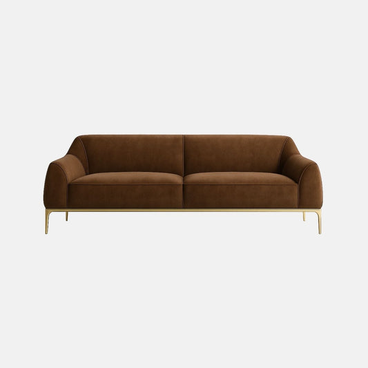 Modern three-seater sofa upholstered in rich brown fabric with rounded armrests and clean, minimal lines. The sofa features slim gold metal legs, giving it a sleek and elegant contemporary look