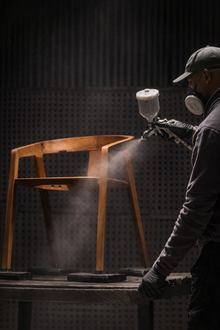 Furniture artisan spray finishing a handcrafted wooden chair in a workshop