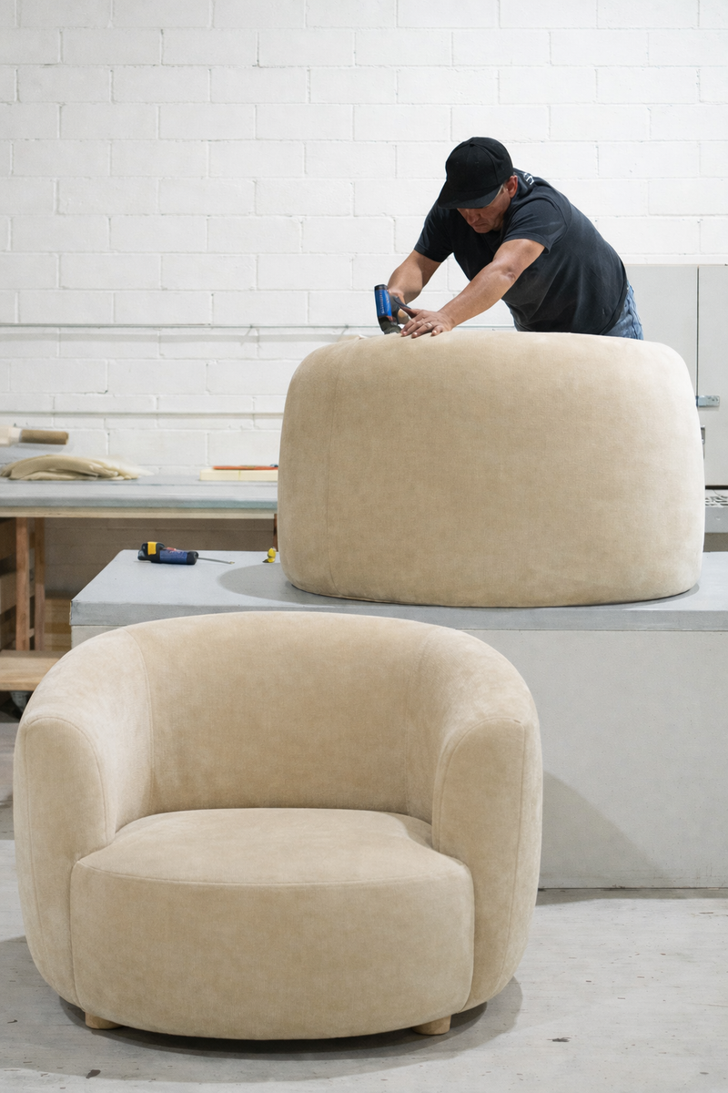 Custom curved sofa frame manufactured by Lux Seat