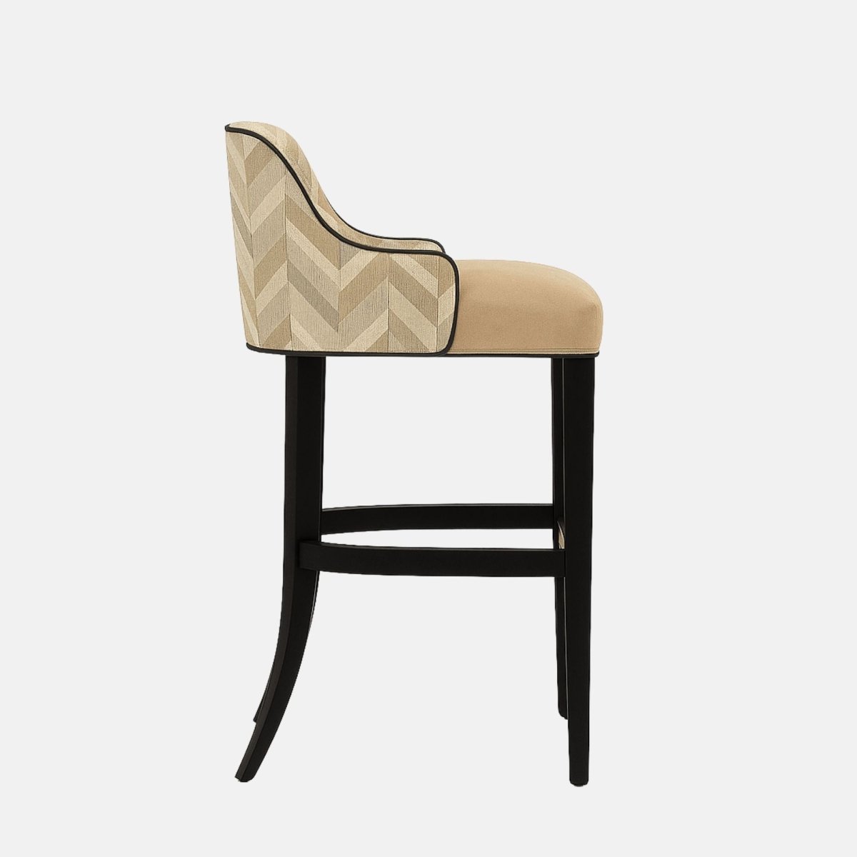 Round beige ottoman with geometric textured upholstery and a gold metallic base.
