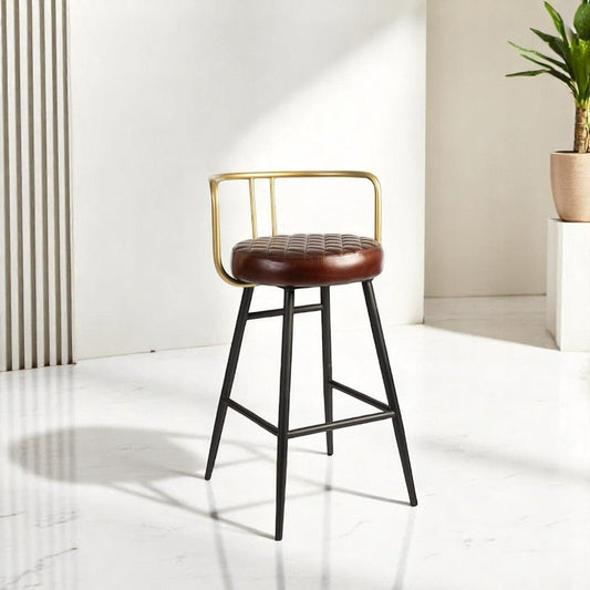 alt="High leather bar stool with padded diamond stitch seat, gold backrest, and black metal legs"