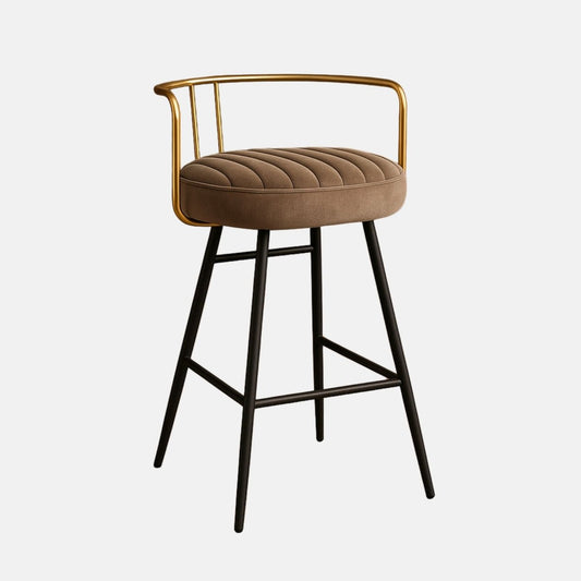 Modern bar stool with gold metal frame, brown upholstered seat, and black tapered legs with footrest
