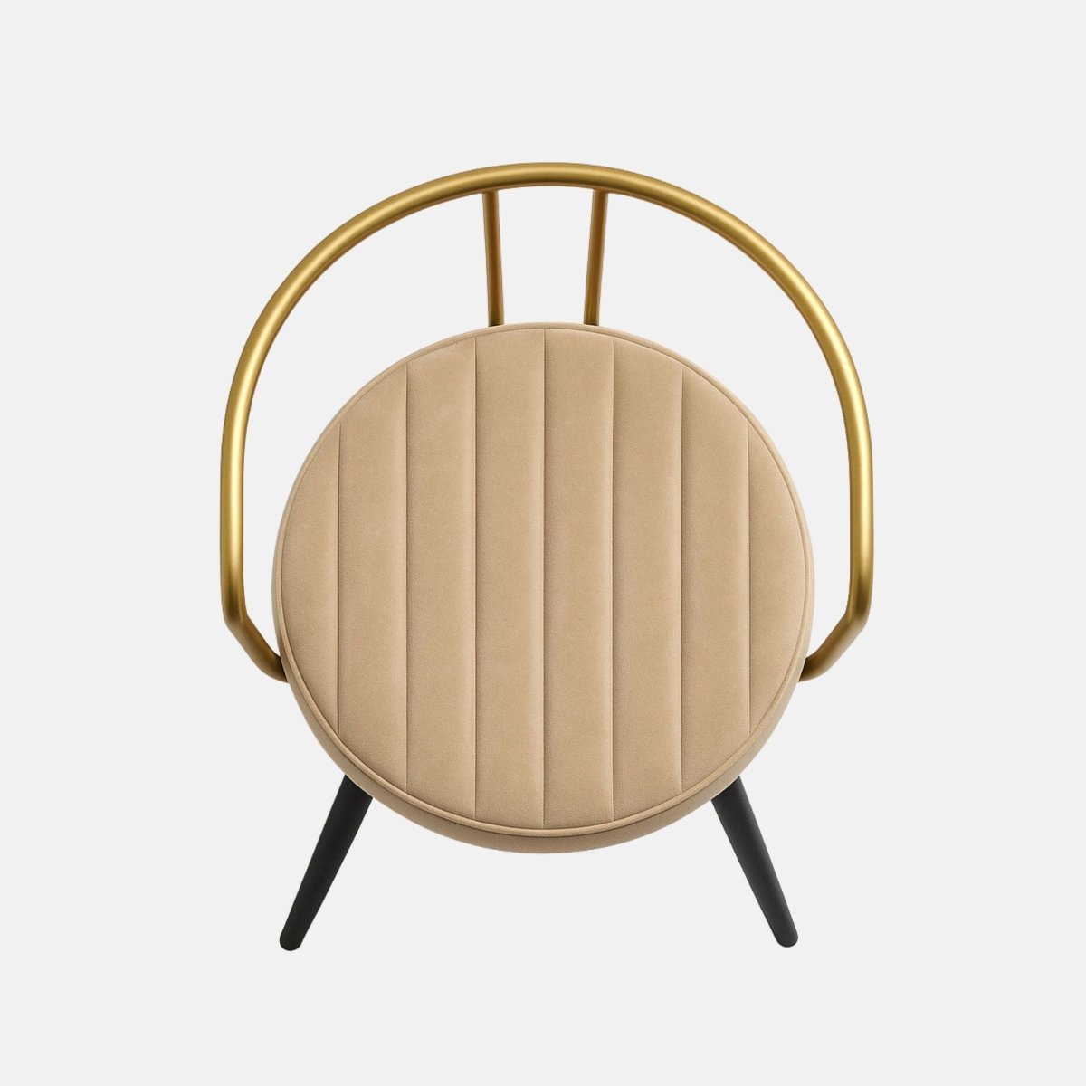 Modern dining chair with gold metal frame, cream upholstered round seat, and black tapered legs