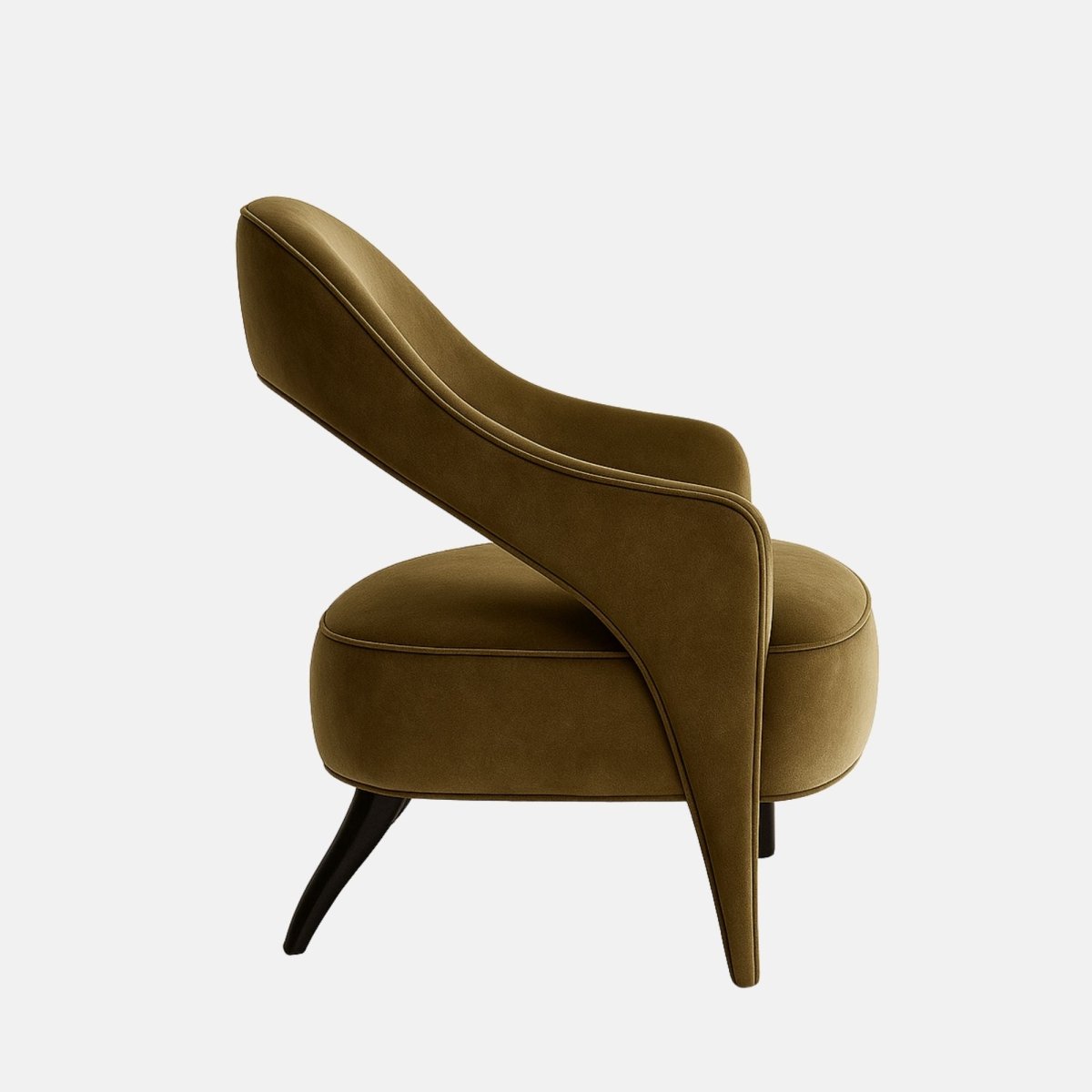 Olive green velvet lounge chair with a sculpted open-back design, curved wraparound arms, and tapered legs.