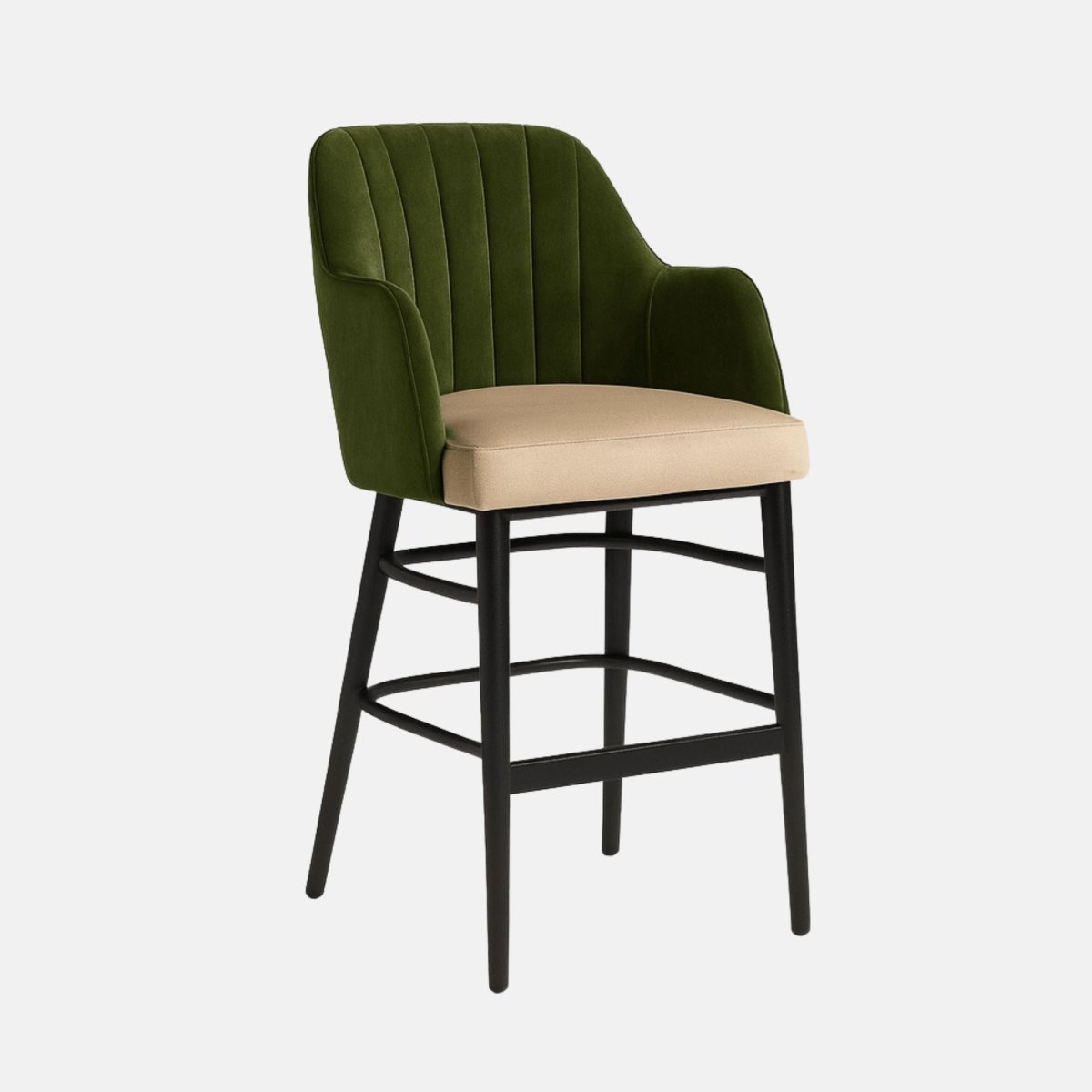Modern bar chair with dark green upholstered backrest and arms, beige cushioned seat, black wooden legs, and curved footrests.