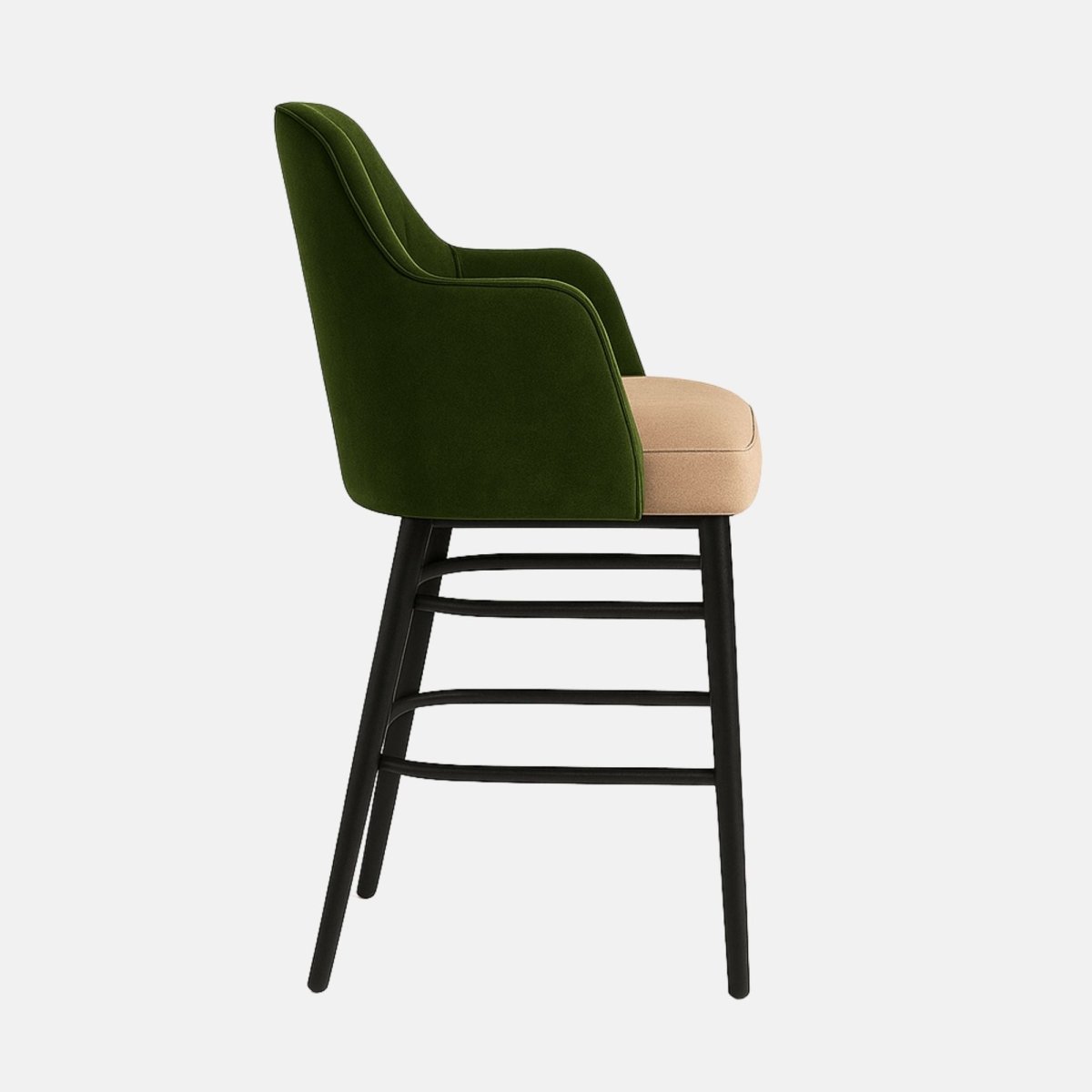 Modern bar chair with dark green upholstered backrest and arms, beige cushioned seat, black wooden legs, and curved footrests.