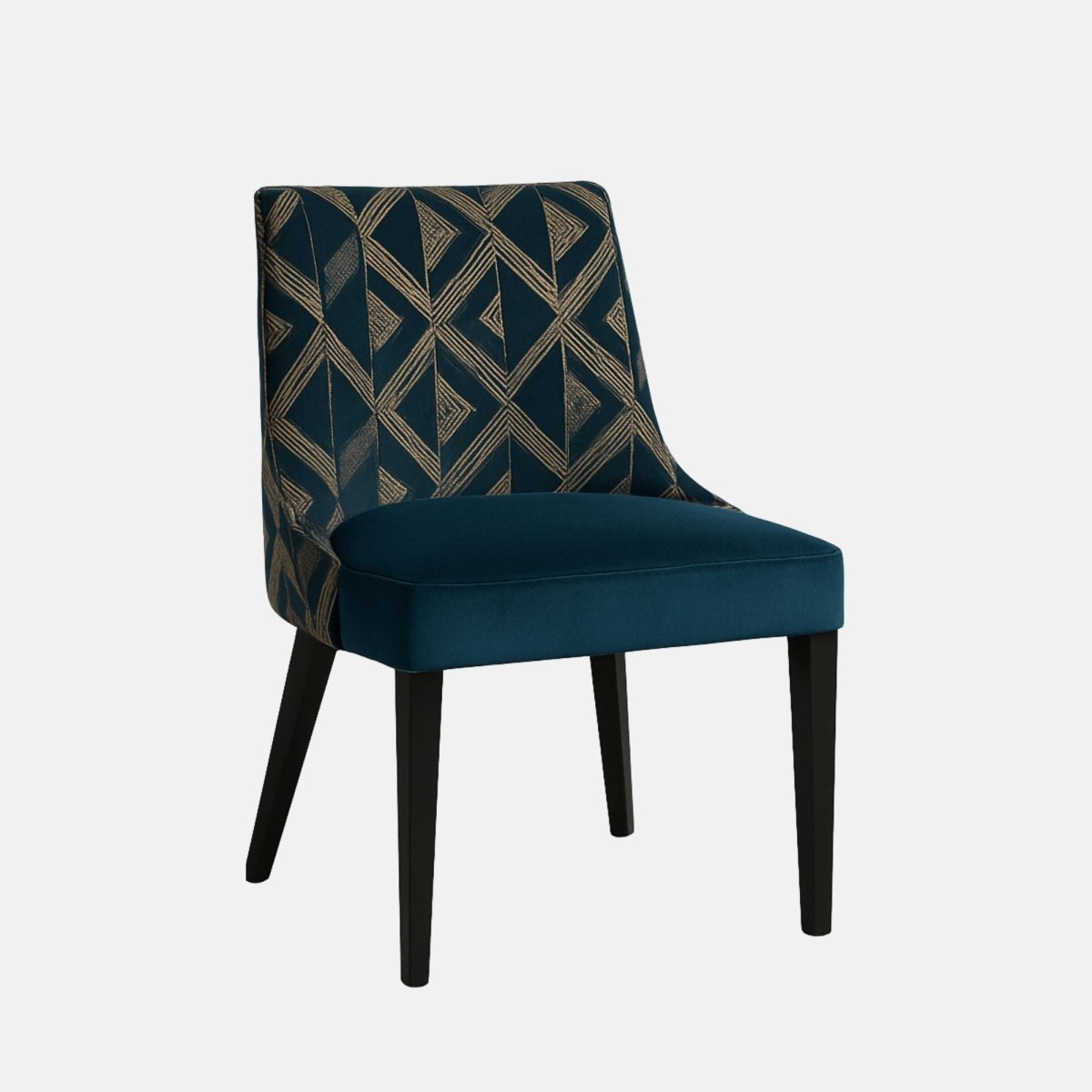 Side view of a modern dining chair with a deep blue velvet seat, gold geometric patterned backrest, and sleek black wooden legs, set against a plain light background.
