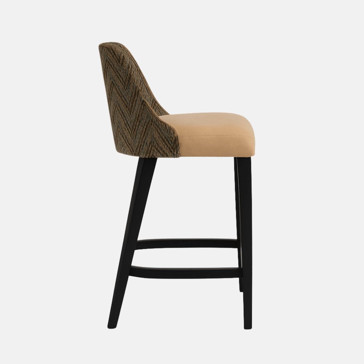 Modern upholstered bar stool with beige cushioned seat, textured patterned backrest, and sleek black wooden legs with footrest support.