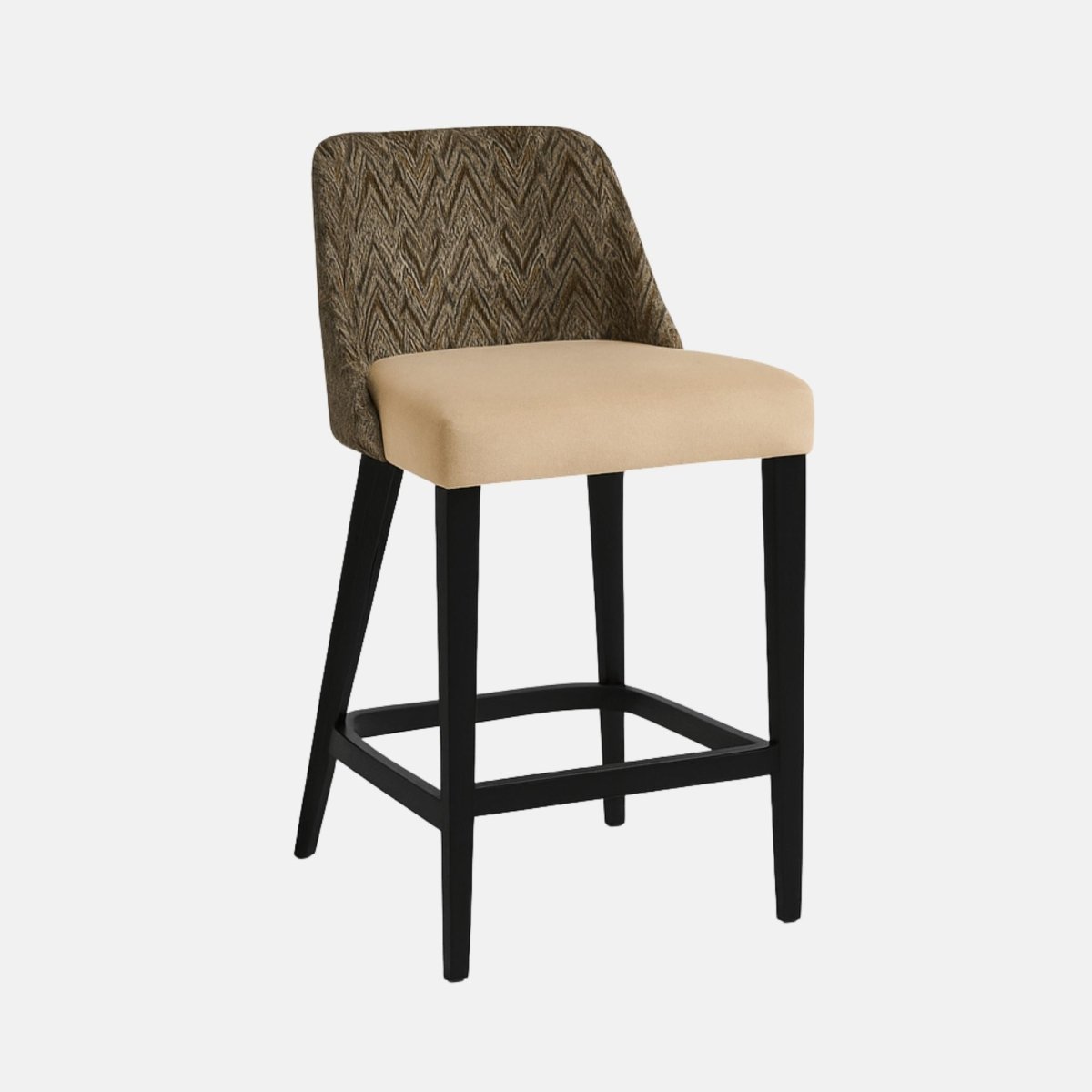 Modern upholstered bar stool with beige cushioned seat, textured patterned backrest, and sleek black wooden legs with footrest support.