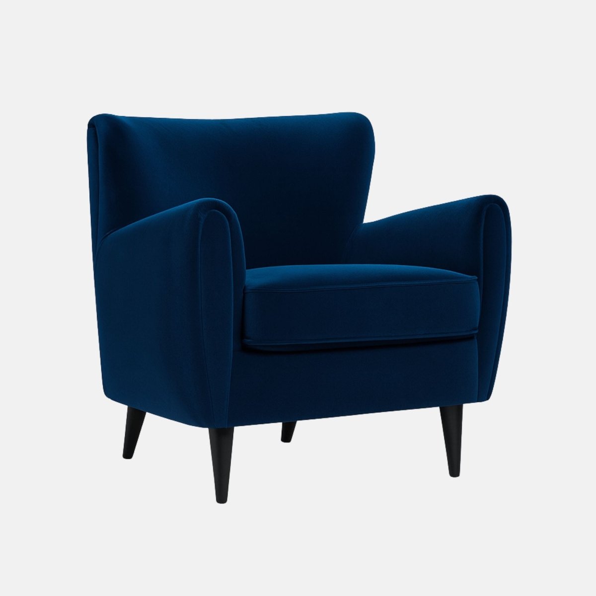 A modern armchair with tapered black wooden legs, wide armrests, and deep blue velvet upholstery.