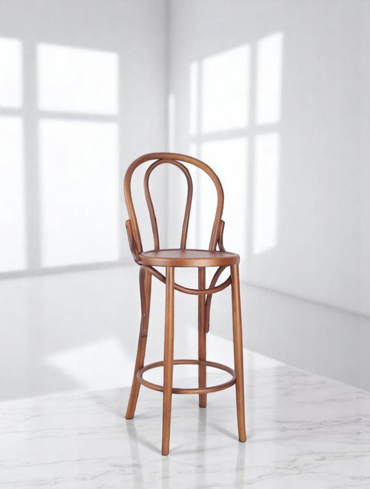 alt="Natural oak bar stool with curved bent wood design and traditional styling"