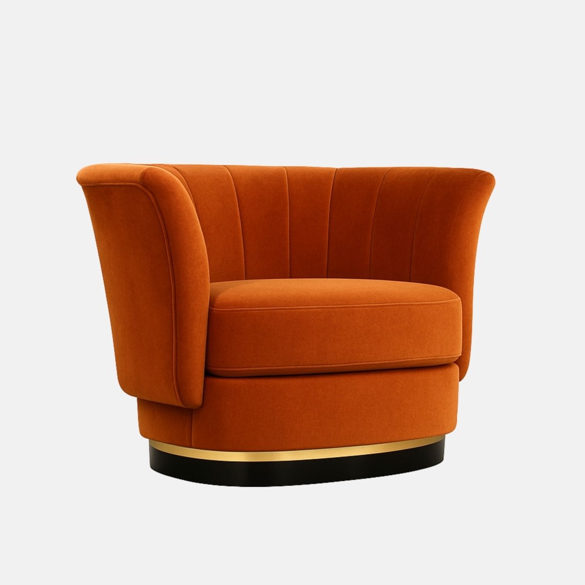 Orange velvet swivel lounge chair with a curved, channel-tufted backrest, thick seat cushion, and a black base accented with a gold band