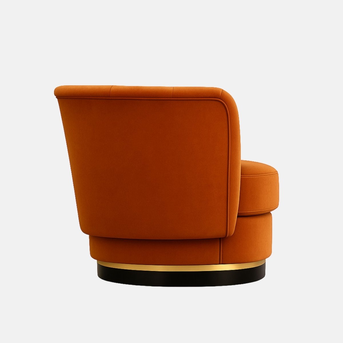Orange velvet swivel lounge chair with a curved, channel-tufted backrest, thick seat cushion, and a black base accented with a gold band
