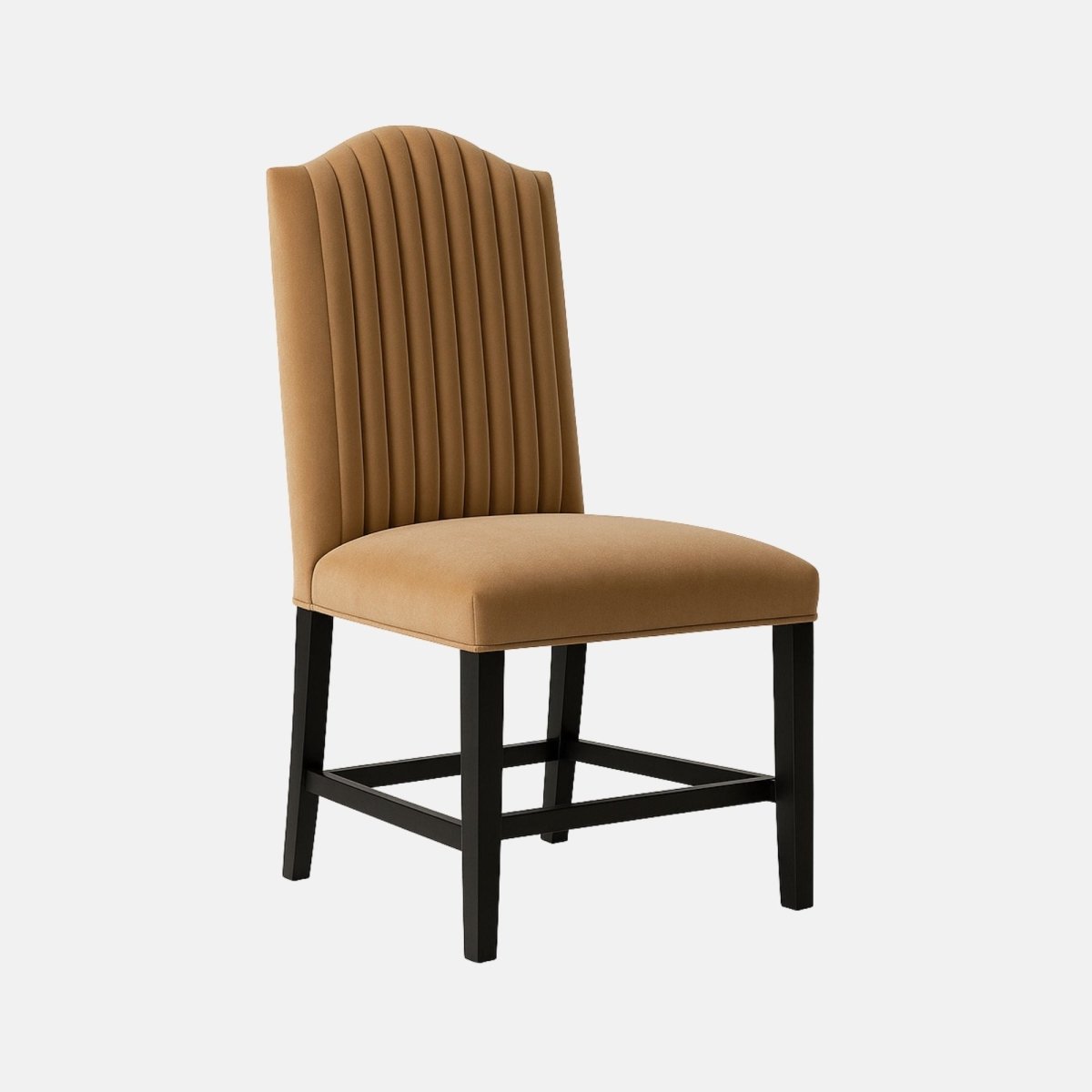 Elegant upholstered dining chair with a curved, vertically channeled backrest in camel-coloured fabric, paired with dark wooden legs