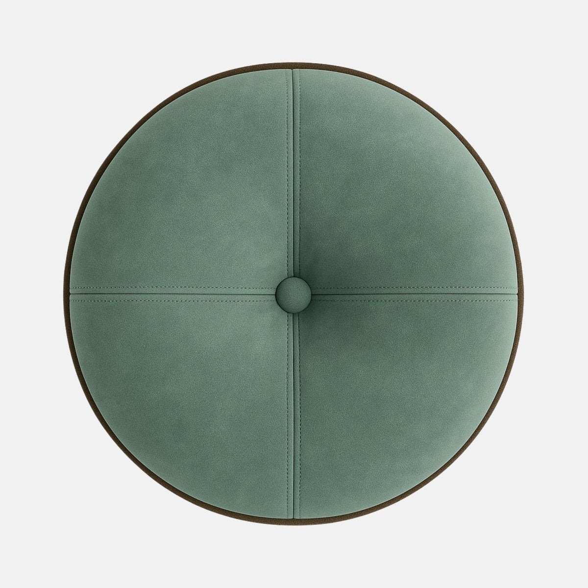 Mint green velvet round ottoman with button-tufted top and dark wood base modern upholstered footstool or accent seat for living room, bedroom, or hotel interior.