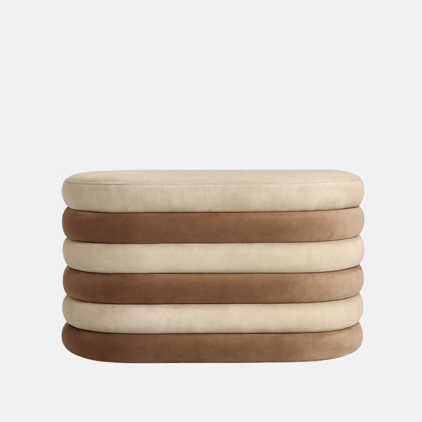 Brillante Pouffe in velvet with stacked layered design – handmade rectangular pouffe, versatile as seat, footrest, or accent furniture