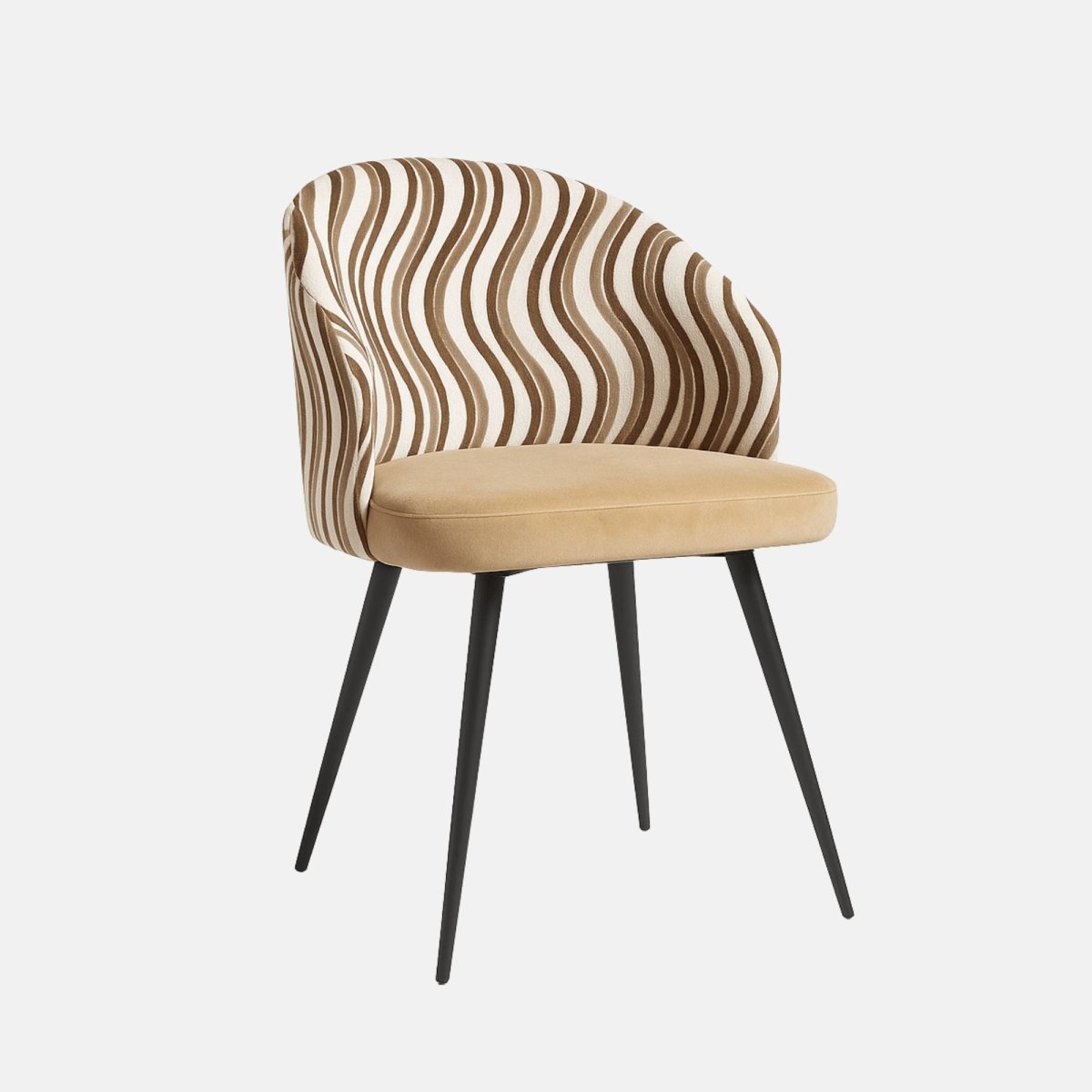 Modern dining chair with curved backrest upholstered in beige and brown wavy patterned fabric, cushioned tan seat, and slim black tapered legs.