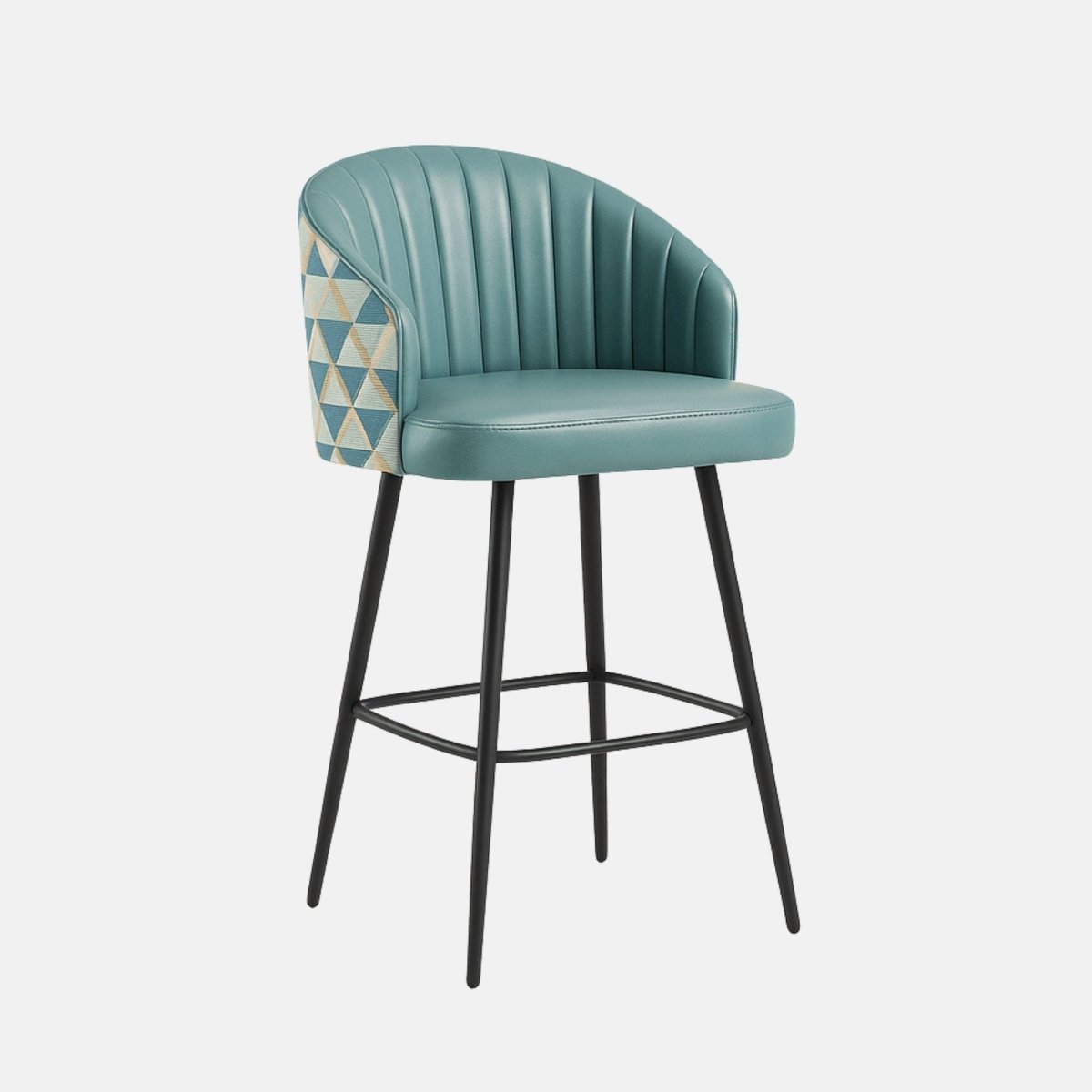 Modern bar stool with teal upholstered channel-tufted backrest, matching cushioned seat, geometric patterned side panels, and slim black legs with footrest