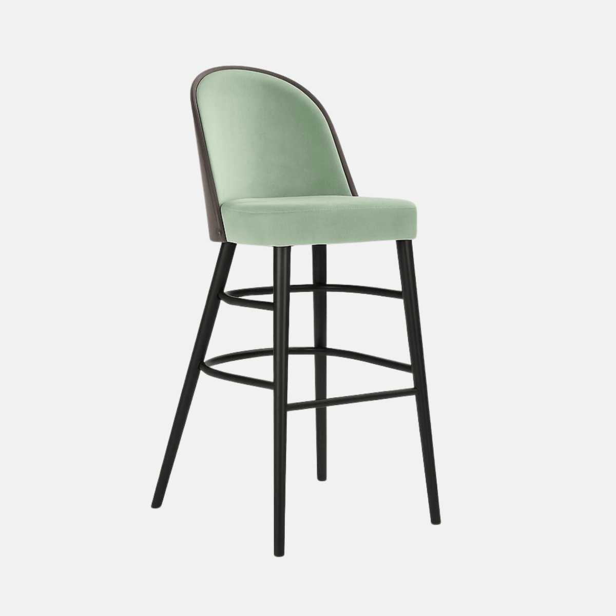 Modern bar stool with a light green upholstered seat and rounded backrest, supported by slim black wooden legs with curved double footrests.
