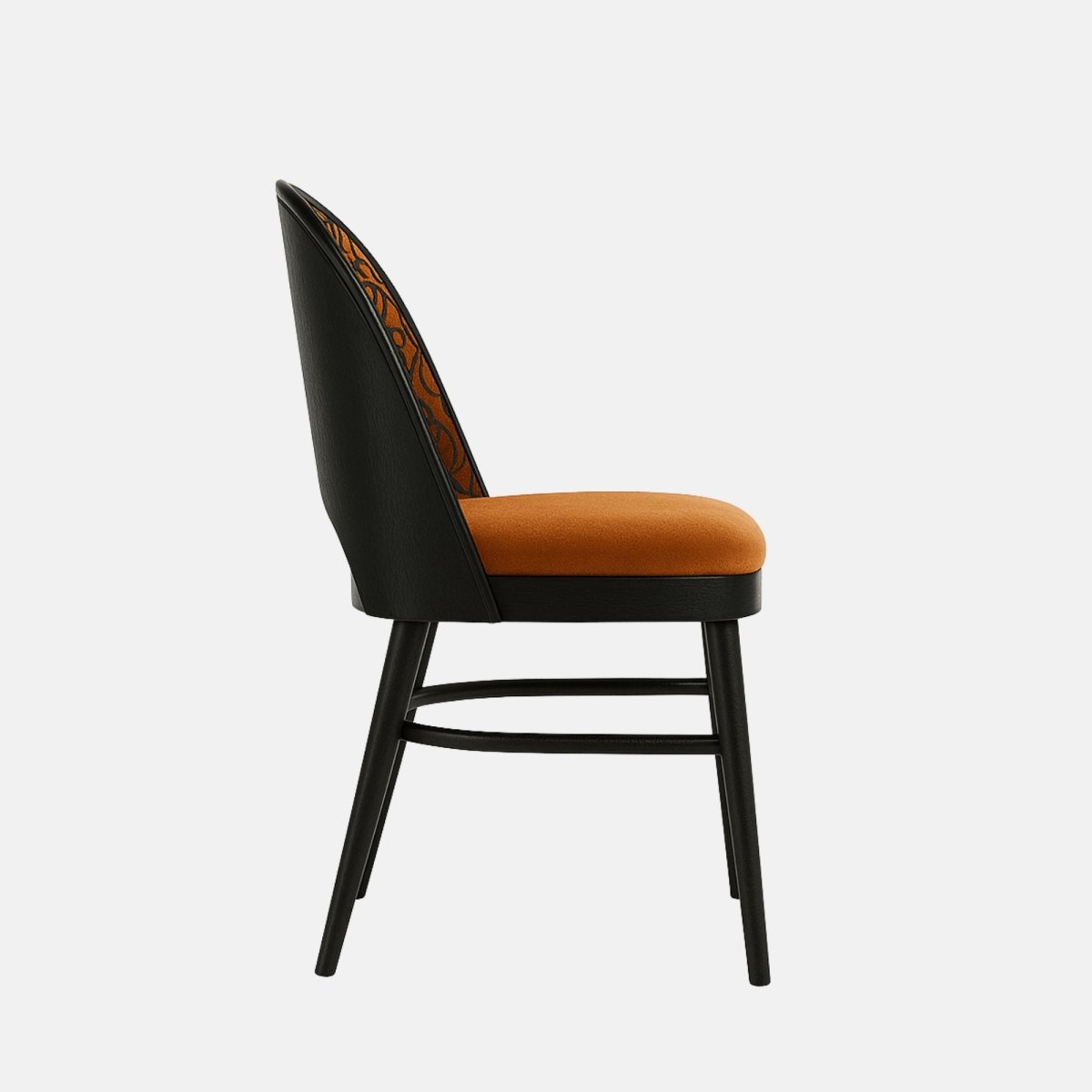 Modern dining chair with an orange cushioned seat, curved black wooden frame, and patterned fabric backrest featuring a dark looped design.