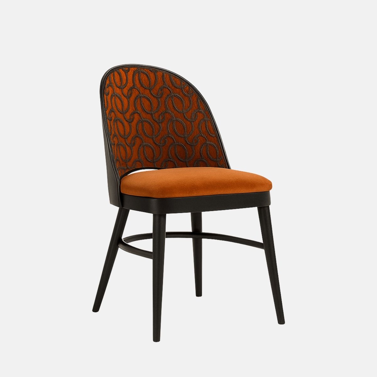 Modern dining chair with an orange cushioned seat, curved black wooden frame, and patterned fabric backrest featuring a dark looped design.