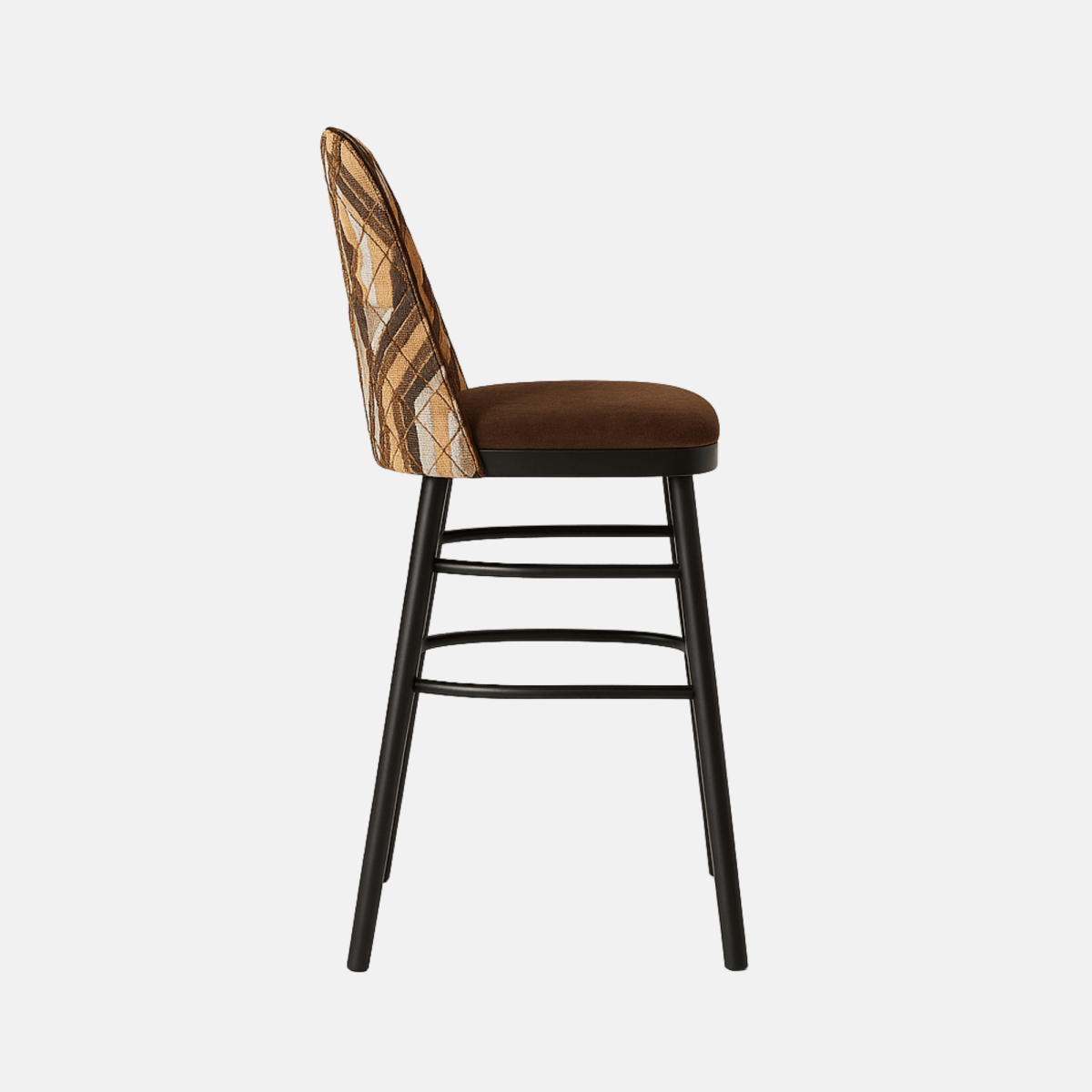 Modern bar stool with patterned geometric upholstered backrest, brown cushioned seat, and slim black wooden legs with circular footrest support.