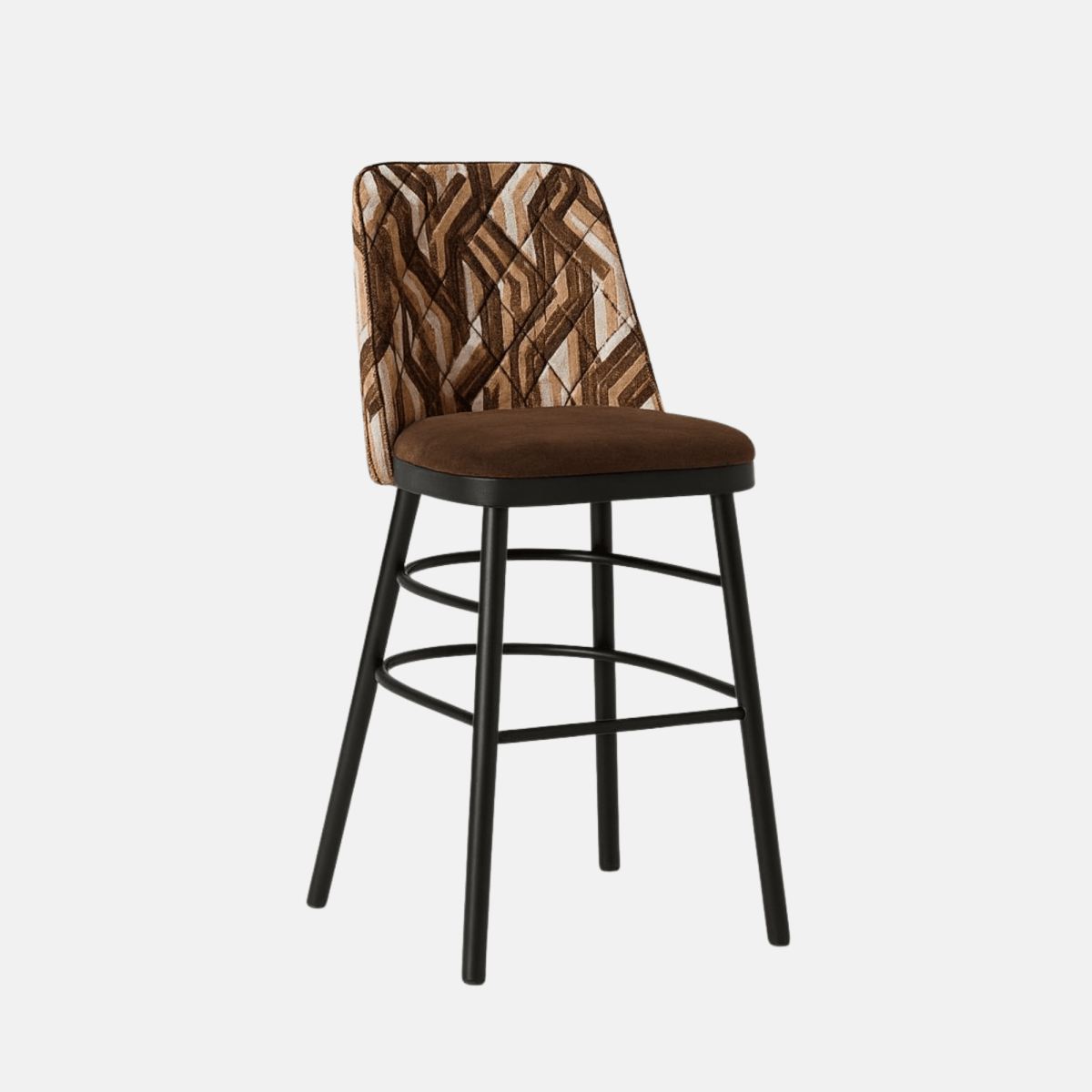 Modern bar stool with patterned geometric upholstered backrest, brown cushioned seat, and slim black wooden legs with circular footrest support.