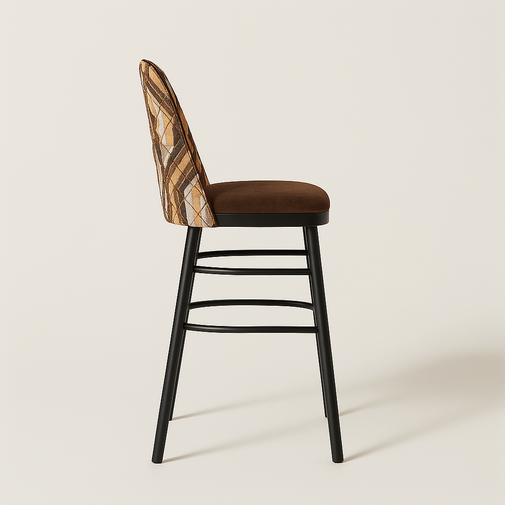 A modern bar stool featuring a geometric patterned fabric backrest with diamond stitching, a chocolate brown velvet seat, and sleek black legs with curved metal footrests, set against a plain off-white background.