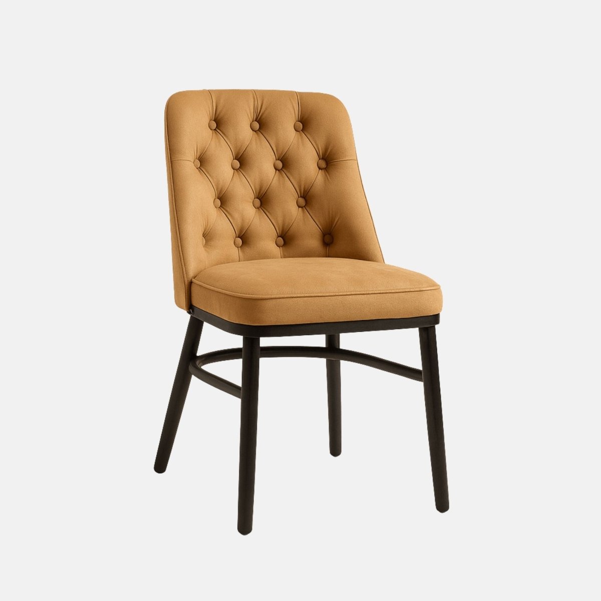 A mid-century modern dining chair with a deep-button tufted backrest and cushioned seat, both upholstered in sandy beige velvet. The chair features sleek, straight black wooden legs and a minimalist support frame, combining comfort with elegant simplicity.
