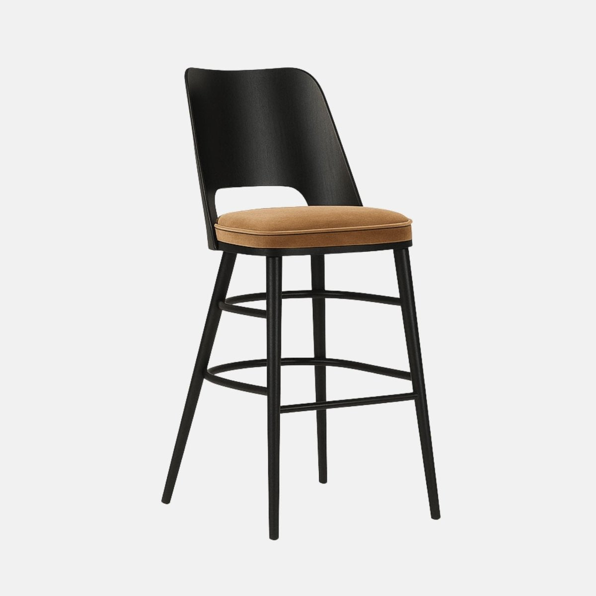 Modern bar stool with a curved black wooden backrest, tan upholstered cushioned seat, and slim black legs with double footrests.
