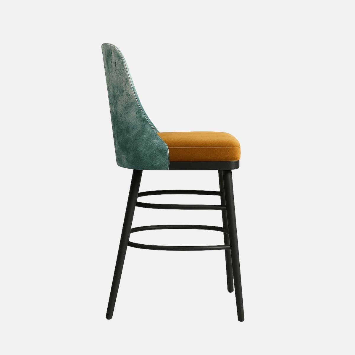 Contemporary upholstered bar stool with teal vertical-stitched backrest, mustard cushioned seat, and black wooden legs with circular footrest supports