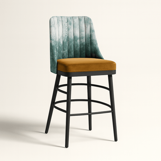 AI Image Generator - Make Picture, Cartoon & Art said:
A modern barstool with a black wooden frame, bronze velvet seat, and a curved backrest upholstered in a teal watercolor-patterned fabric with vertical stitched detailing, shown from a side angle against a plain off-white background with soft shadowing.