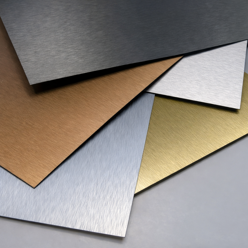 Selection of brushed metal finishes including brass, bronze, and stainless steel used in luxury furniture design