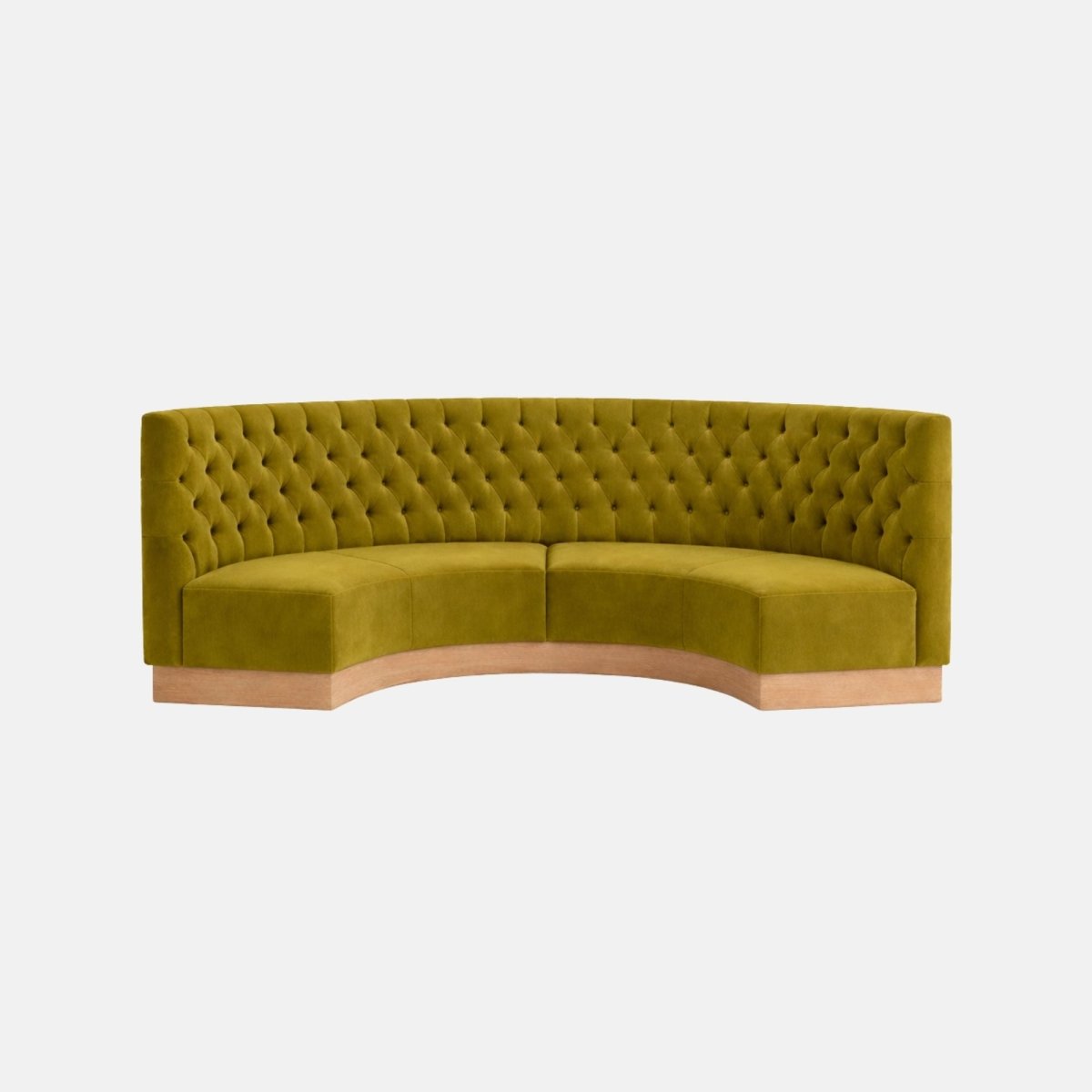 Curved upholstered banquette seating in green fabric with button tufting and a wooden base, designed in a semi-circular booth style on a neutral background.